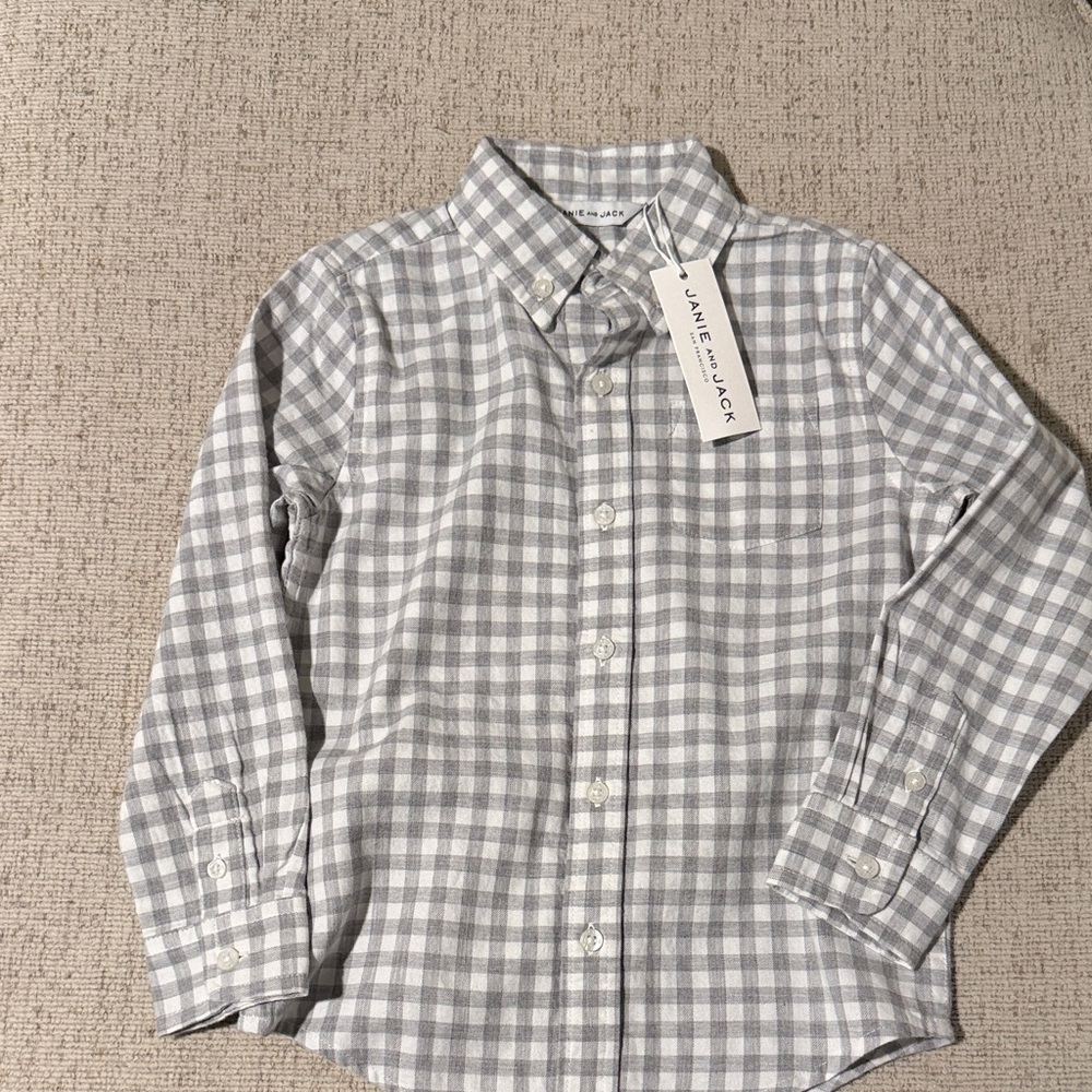 Janie and Jack Light Gray Checkered boys button up